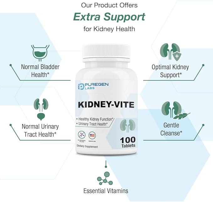 Puregen Labs Kidney-Vite | Premier Kidney, Renal Support | Non-GMO, Gluten-Free, No Artificial Color Additives | 2 Pack – Total 200 Tablets