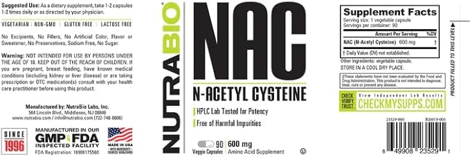 NutraBio N-Acetyl Cysteine Supplement (NAC) - 90 Capsules, 600mg Each - Powerful Anti-Oxidant - Immune Support - Boost Glutathione