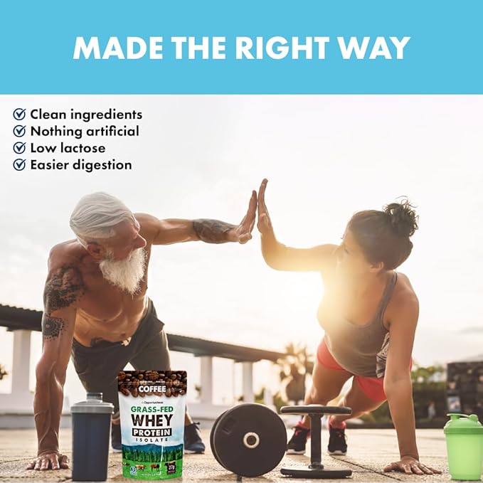 Opportuniteas Grass Fed Coffee Whey Protein Isolate Powder - 27g Protein Powder Without Artificial Sweeteners, Hormone-Free Cows, Non GMO - 2.5lb