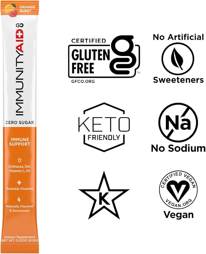 Immunity AID GO! Zero Sugar Immunity + Hydration Packet, Vitamin C, Echinacea, Zinc, Astragalus Root, Vegan & Gluten-Free, Naturally Sweetened, No Caffeine, 30 Count (Pack of 1)