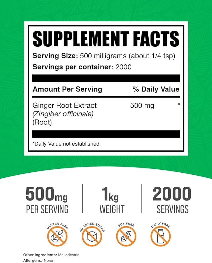 BulkSupplements.com Ginger Root Extract Powder - Ginger Supplement, Ginger Root Powder - Herbal Supplement, Gluten Free, 500mg per Serving, 1kg (2.2 lbs) (Pack of 1)