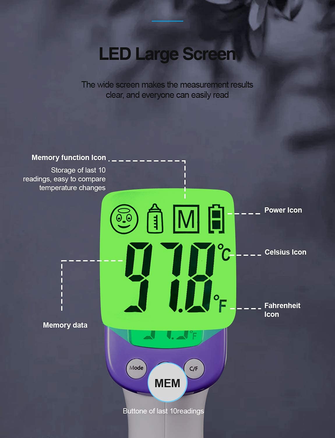 HUHETA Infrared Thermometer for Adults, Non Contact Forehead Thermometer with Fever Alarm, Accurate Reading and Memory Function, Body Temperature & Surface of Objects Use (Purple)