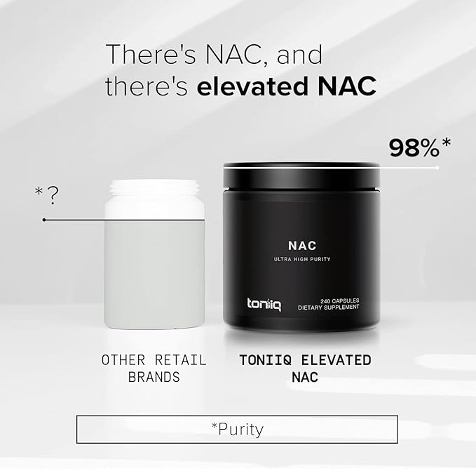 Toniiq 1300mg NAC - 4 Month Supply - Min. 98%+ Tested Purity - Ultra High Strength Bioavailable NAC Cysteine Supplement - 240 Vegetarian N Acetyl Cysteine Capsules -Lab Tested TQ