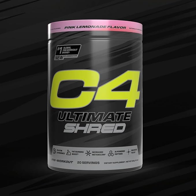 Cellucor C4 Ultimate Shred Pre Workout Powder, Metabolism Supplement with Cayenne Extract+300mg Caffeine+TeaCrine+Dynamine - Pink Lemonade, 20 Servings