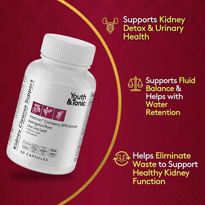 Youth & Tonic Kidney Cleanse Detox for Residual Metabolic Waste & Excess Body Water for Urinary Tract & Bladder Health 60 Capsules
