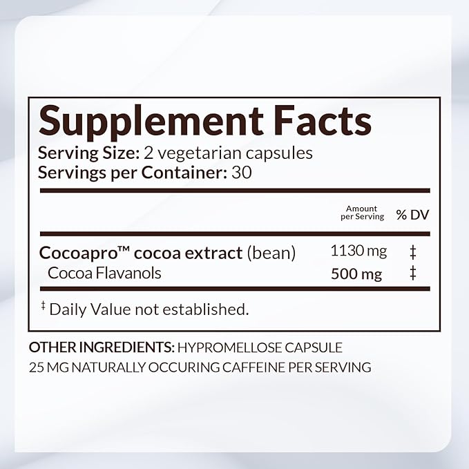 CocoaVia Heart & Brain Supplement, 30 Day, Cocoa Flavanol Extract, Memory & Circulation Booster, Nitric Oxide, Boost Oxygen & Energy, Plant Based, Gluten Free, Vegan, 60 Capsules