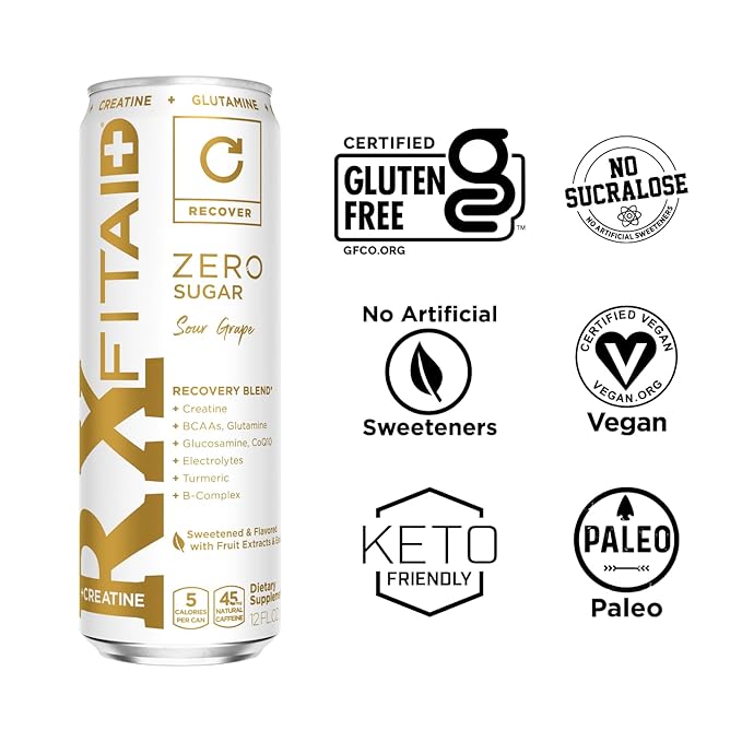 FITAID RX Zero, Creatine Monohydrate, 5 Calories, Keto-Friendly Post-Workout Recovery Drink, BCAAs, L-Glutamine, Turmeric, Electrolytes, B-Complex, 12 Fl Oz (Pack of 24)