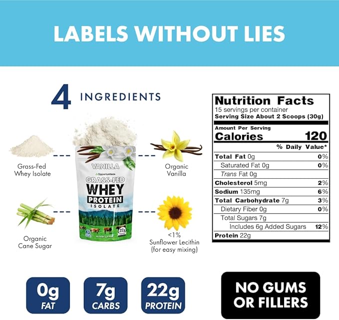 Opportuniteas Grass Fed Vanilla Whey Protein Isolate Powder - 22g Protein Powder Without Artificial Sweeteners, Hormone-Free Cows, Non GMO - 1lb