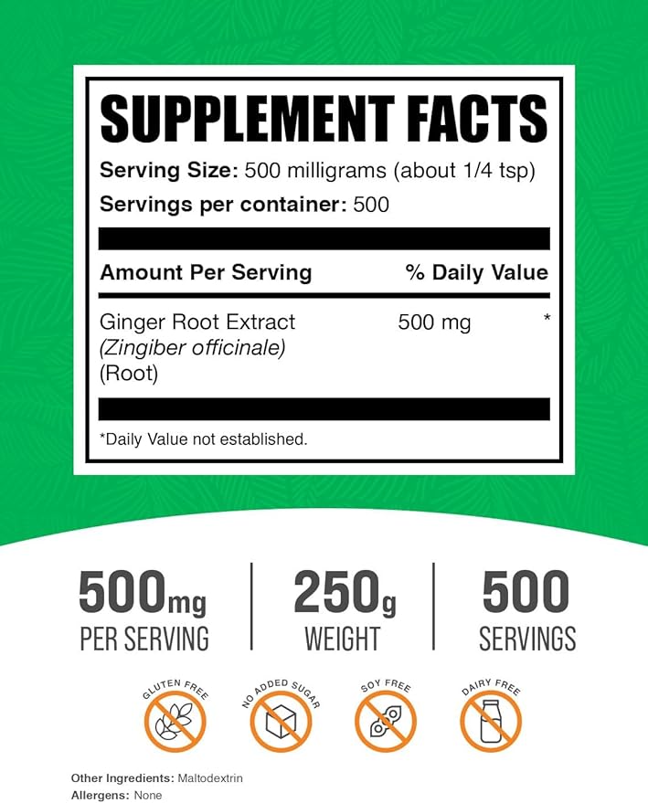 BulkSupplements.com Ginger Root Extract Powder - Ginger Supplement, Ginger Root Powder - Herbal Supplement, Gluten Free, 500mg per Serving, 250g (8.8 oz) (Pack of 1)