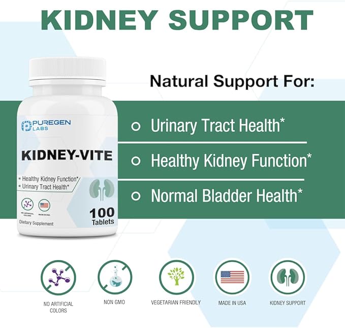 Puregen Labs Kidney-Vite | Premier Kidney, Renal Support | Non-GMO, Gluten-Free, No Artificial Color Additives | 2 Pack – Total 200 Tablets