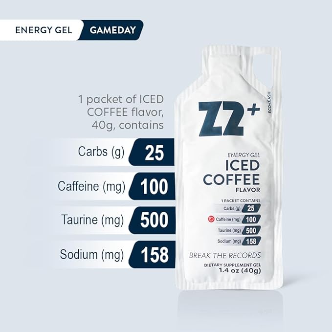 Z2 Iced Coffee Energy Gel Performance - 25g Carb, 158mg Sodium, 100mg Caffeine, 500mg Taurine, Electrolytes, Pre & During Workout, Boosts Endurance - 5-Count Pack