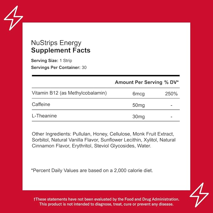 Energy | Natural, Instant Energy Strips with 50mg Caffeine, L-Theanine, Vitamin B12 | 30 Energy Strips = 30 Energy Drinks | 5X Faster Absorption (Cinnamon Vanilla)