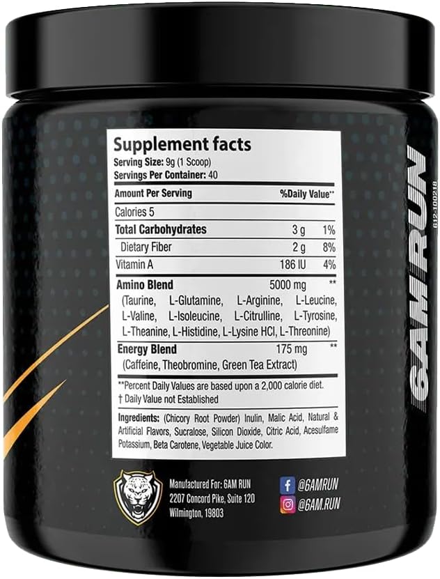 6AM Run Marathon, Pre Workout Powder for Distance Running, High Energy Amino Formula, for Cardio and Stamina, No Jitters, All Natural, Keto, Vegan, Peach Mango Flavor, 40 Servings