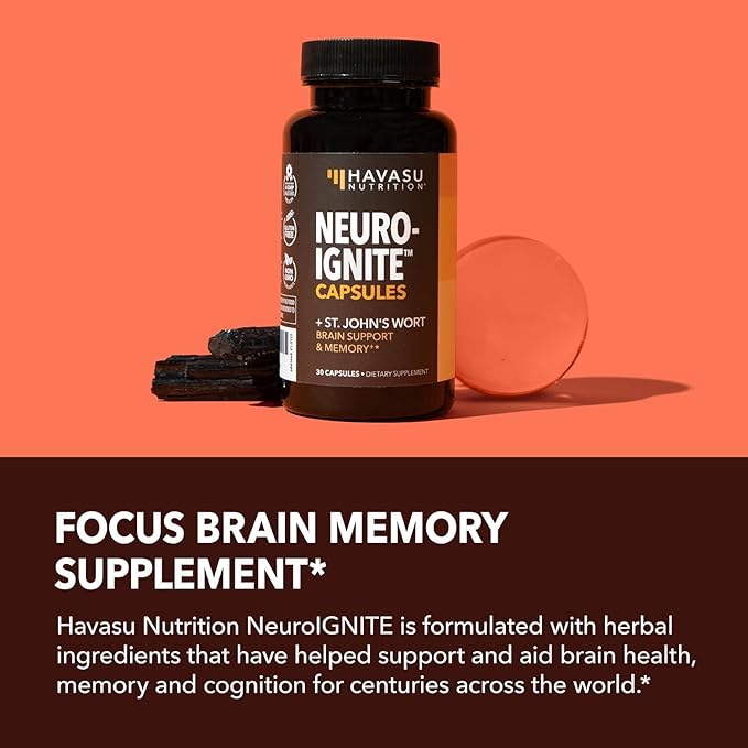 NeuroIGNITE Brain Supplement for Memory and Focus - 30 Count - Cognitive Support with St. John's Wort, Ginkgo Biloba, Bacopa, Phosphatidylserine and Nootropics - Non-GMO Capsules, 1-Month Supply