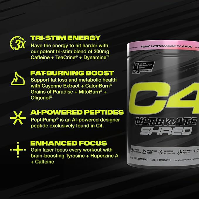 Cellucor C4 Ultimate Shred Pre Workout Powder, Metabolism Supplement with Cayenne Extract+300mg Caffeine+TeaCrine+Dynamine - Pink Lemonade, 20 Servings