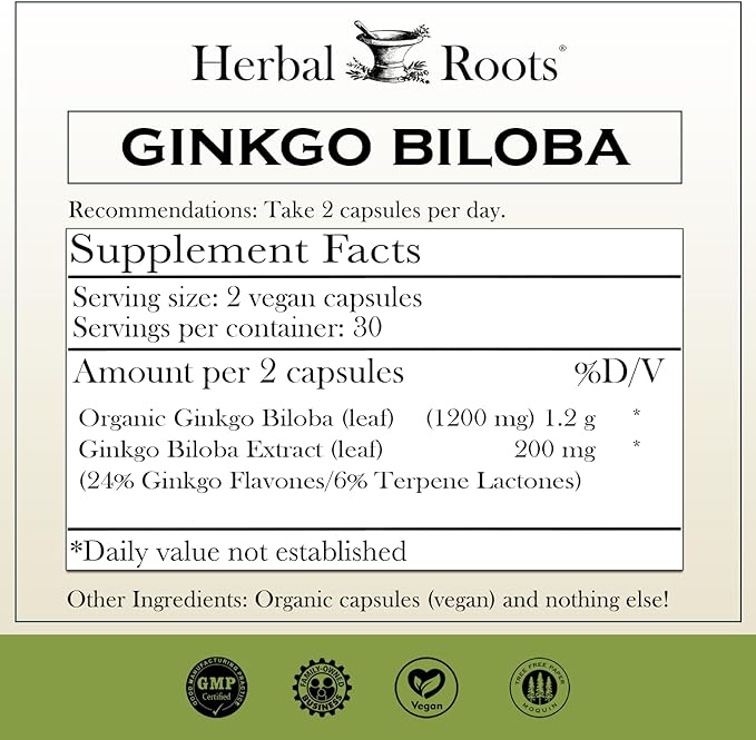 Herbal Roots Ginkgo Biloba Made with Pure Organic Ginkgo Leaf - 1,400mg per Serving, 60 Vegan Capsules