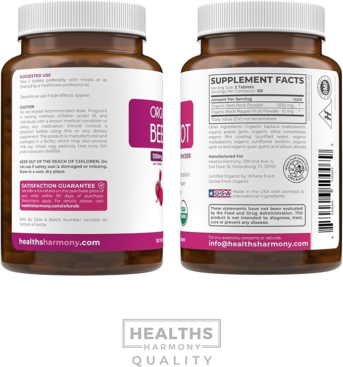 USDA Organic Beet Root Powder (120 Tablets) 1350mg Beets Per Serving with Black Pepper for Extra Absorption - Super Antioxidant and Nitrate Supplement for Athletic Performance and Stamina- No Capsules