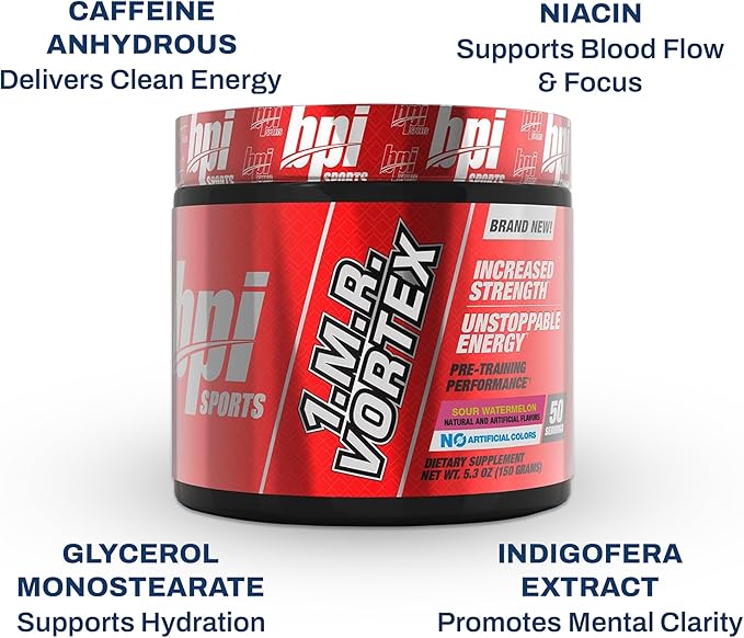 BPI Sports 1.M.R Vortex Pre Workout Powder – High Stim Preworkout for Men & Women with Glycerol, Caffeine, Niacin, and Herbal Extracts – Energy, Focus & Endurance – Sour Watermelon – 50 Servings
