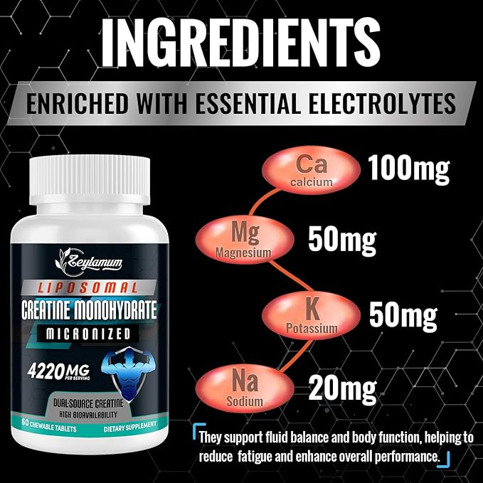 Creatine Chews Tablets for Men & Women, 4220 Mg Chewable Creatine Monohydrate for Energy, Faster Recovery, Strength, Superior Absorption with Liposomal & Micronized, Non-GMO, 30 Servings
