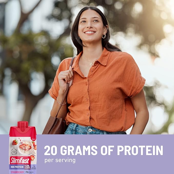SlimFast Protein Shake, Strawberry- 20g Protein, Meal Replacement Shake Ready to Drink, High Protein with Low Carb and Low Sugar, 24 Vitamins and Minerals, 12 Count (Pack of 1) (Packaging May Vary)