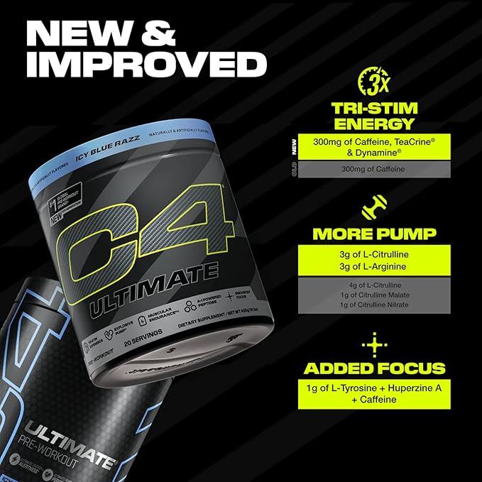 Cellucor C4 Ultimate Pre Workout Powder - Sugar Free Preworkout Energy Supplement for Men & Women - 300mg Caffeine + TeaCrine + Dynamine + Creatine - ICY Blue Razz, 20 Servings