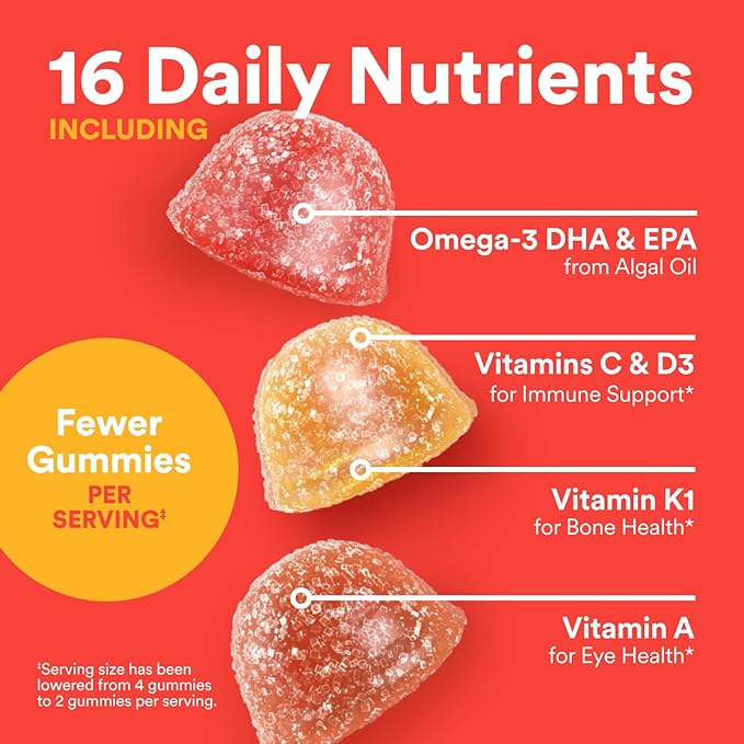 SmartyPants Kids Multivitamin Gummies - Improved Formula: Omega 3 (DHA/EPA), Vitamins D3, C, B12, B6, Vitamin A, K & Zinc, Gluten Free, Three Fruit Flavors, 60 Count (30 Day Supply)