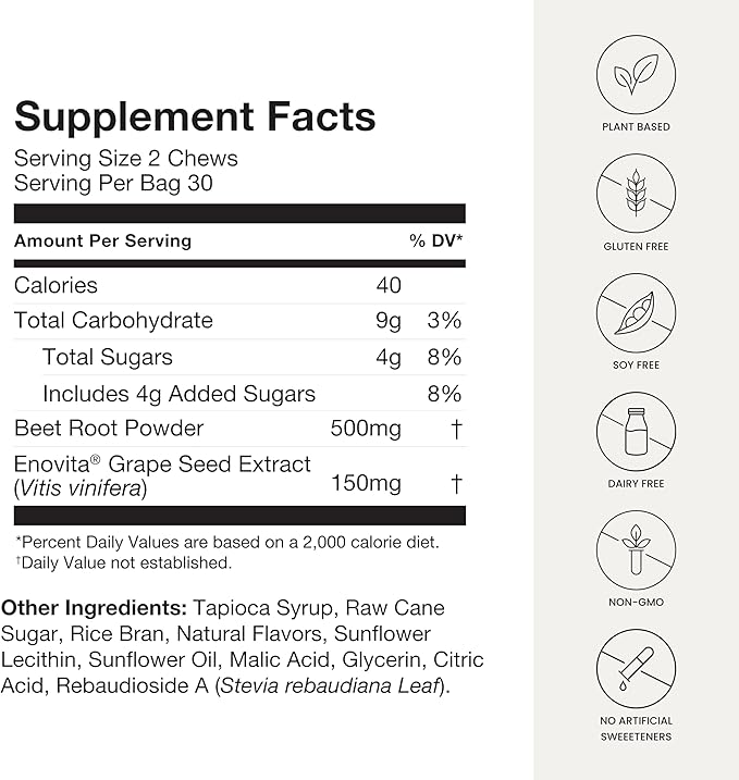 humanN SuperBeets Heart Chews, Nitric Oxide and Blood Pressure Support, Grape Seed Extract & Non-GMO Beet Root Powder Energy Chews, Super Beets Heart Chews, Pomegranate Berry Flavor, 180 Count