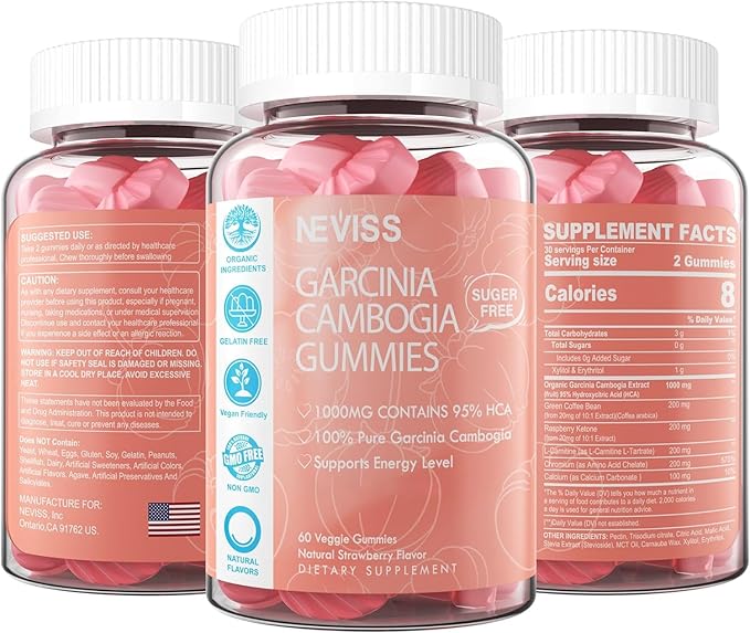 Sugar Free Garcinia Cambogia Gummies 1000mg 95% HCA Pure Extract with L-Carnitine, Raspberry Ketone, Chromium, Green Coffee Bean for Metabolism, 100% Organic Extract, Vegan, Strawberry Flavor 60 Cts