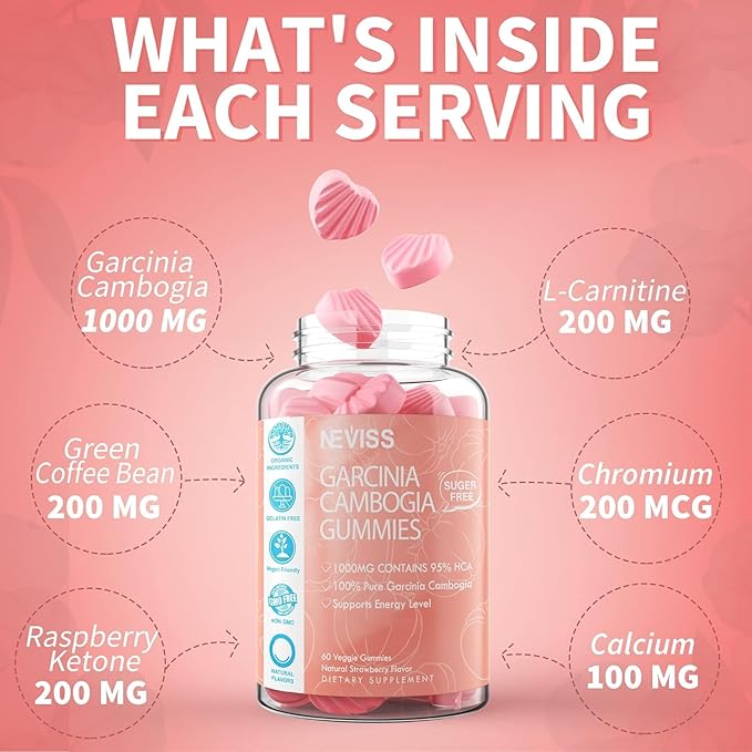 Sugar Free Garcinia Cambogia Gummies 1000mg 95% HCA Pure Extract with L-Carnitine, Raspberry Ketone, Chromium, Green Coffee Bean for Metabolism, 100% Organic Extract, Vegan, Strawberry Flavor 60 Cts
