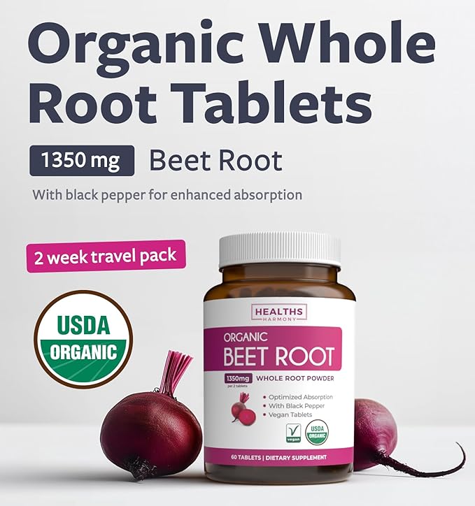 USDA Organic Beet Root Powder (30 Tablets) 1350mg Beets Per Serving with Black Pepper for Extra Absorption - Super Antioxidant and Nitrate Supplement for Athletic Performance and Stamina- No Capsules