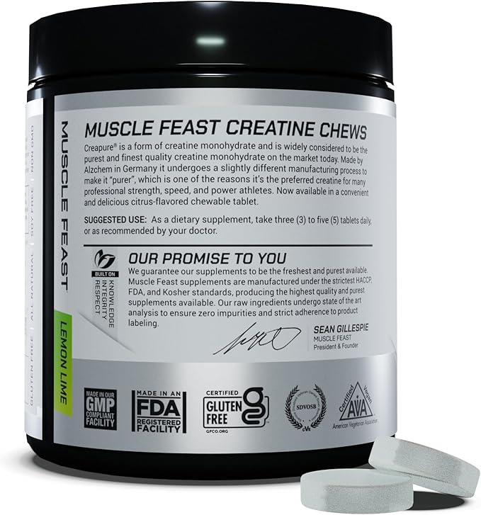 Muscle Feast Vegan Creatine Monohydrate, Gluten-Free Creapure Chews, Lemon Lime, 120 Tabs