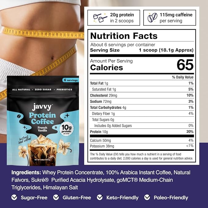 Javy French Vanilla Protein Coffee - Premium Whey Protein & Instant Iced Coffee - 100% Arabica Coffee - Zero Artificial Flavors & Sweeteners, 6 Servings