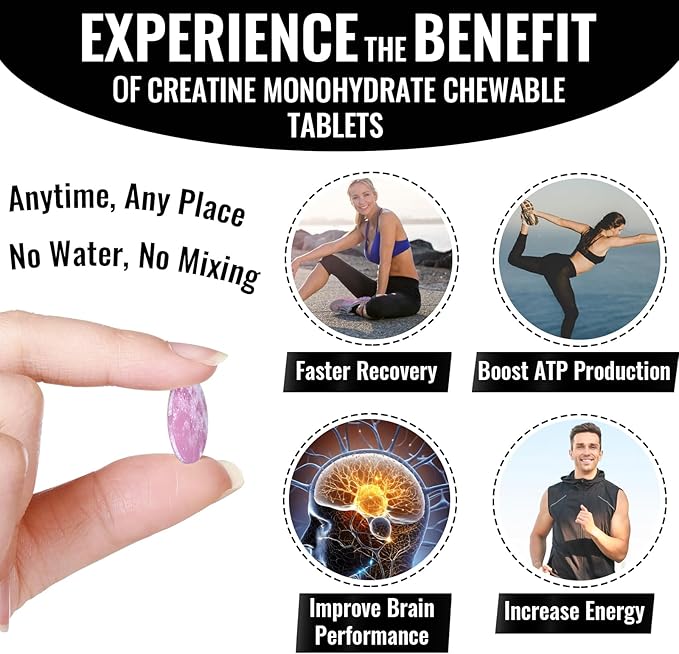 Creatine Chews Tablets for Men & Women, 4220 Mg Chewable Creatine Monohydrate for Energy, Faster Recovery, Strength, Superior Absorption with Liposomal & Micronized, Non-GMO, 30 Servings