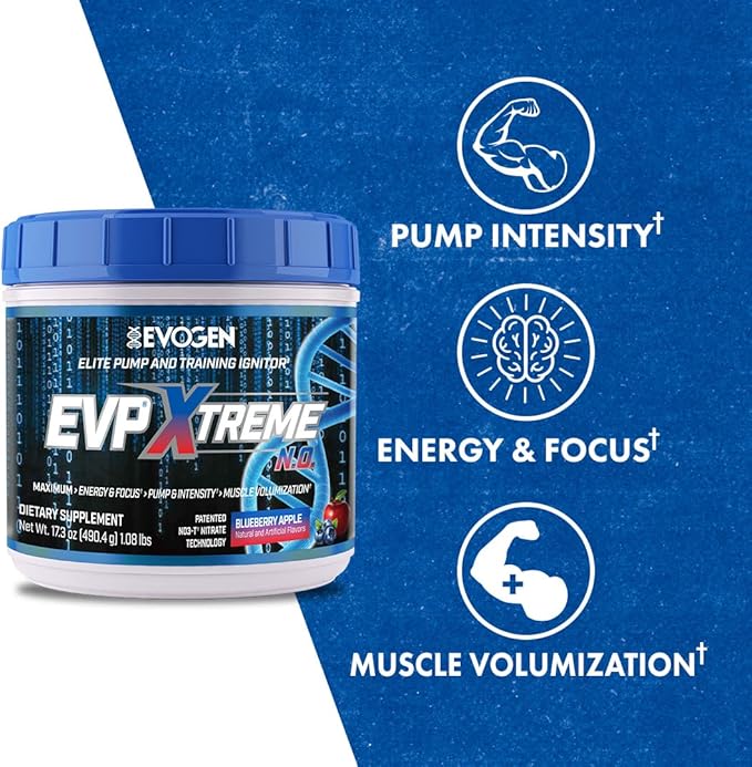 Evogen EVP Xtreme NO - Pre Workout Powder for Men & Women | Sugar Free Preworkout with Beta Alanine, Creatine, and Caffeine for Energy & Pump | Blueberry Apple | 40 Servings
