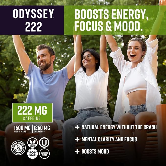 Odyssey 222 Energy Drink, Pre Workout, 222mg Caffeine, Clean Energy Drinks, L Theanine, Lions Mane, Cordyceps & Green Tea for Energy, Focus & Mood Boost, Low Calorie, Variety Pack, 12 Fl oz, 12 Pack