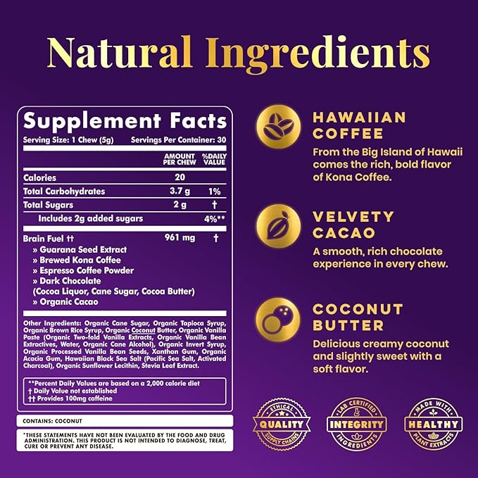 YouChews Caffeine Chew - 100mg Caffeine from Guarana Seed & Kona Coffee - Natural Ingredients, Low Sugar, Long Lasting Energy Supplement for Workouts, Running & Gaming (30 Chews)