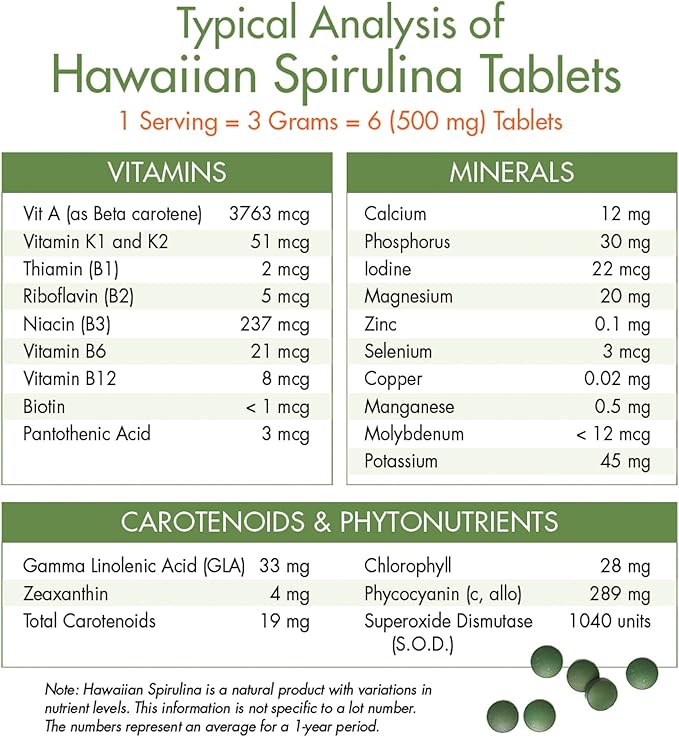 Nutrex Hawaii, Pure Hawaiian Spirulina 500 mg, Vegan, Supports Immune System, Heart, Cells and Energy, 400 Tablets