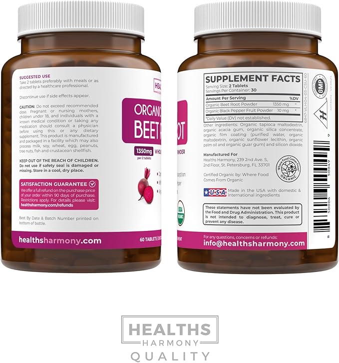 USDA Organic Beet Root Powder (60 Tablets) 1350mg Beets Per Serving with Black Pepper for Extra Absorption - Super Antioxidant and Nitrate Supplement for Athletic Performance and Stamina- No Capsules