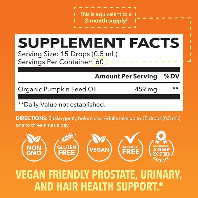 Organic Pumpkin Seed Oil for Prostate Health, Hormone Balance, Hair Health - Pumpkin Oil Supports Hair and Eyelash Health - 100% Cold Pressed Pumpkin Seed Extract - Non-GMO, Vegan, Unflavored, 30mL