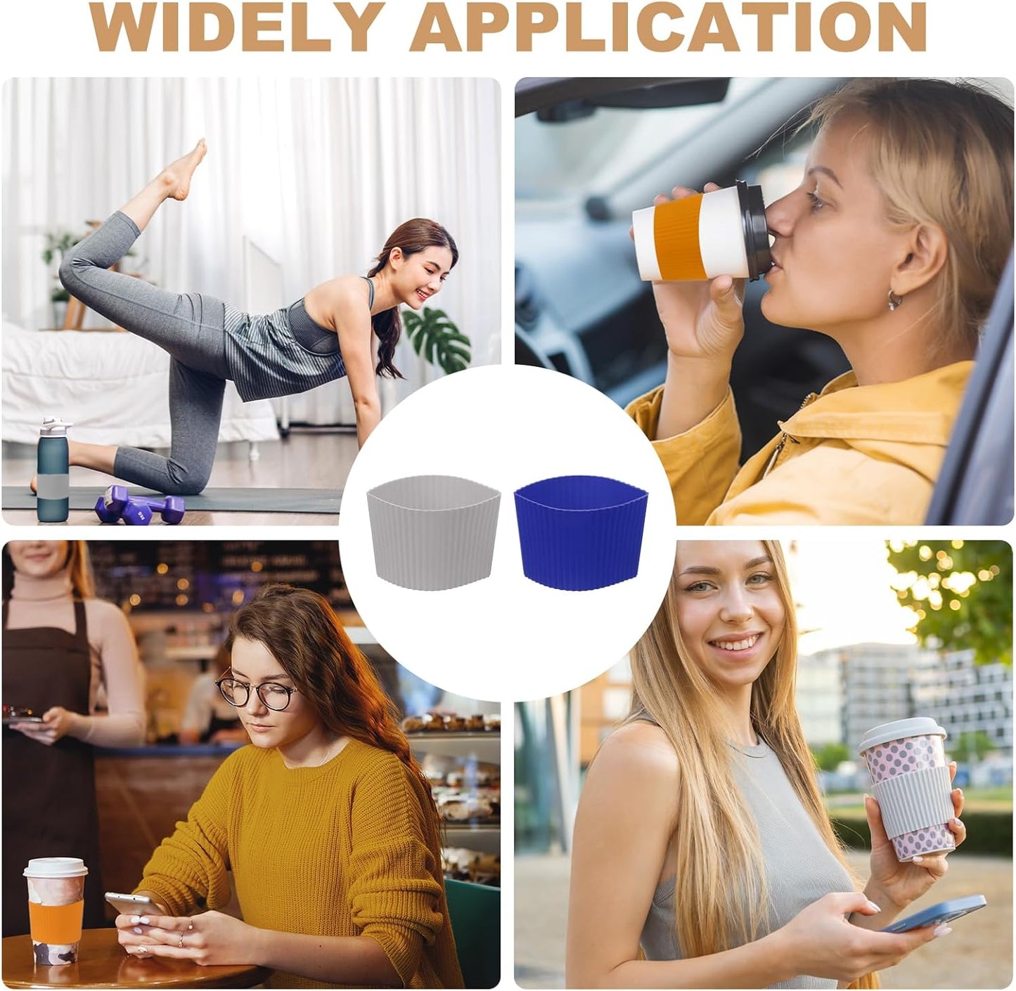 uxcell 6Pack Coffee Cup Sleeves, Reusable Silicone Heat Resistant Cup Protective Sleeve Nonslip Mug Protector Cover for Home Travel Coffee Mug Glasses Water Bottle Boots, Dark Blue/Gray