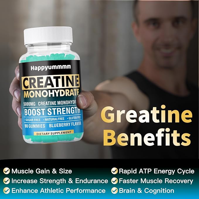 Creatine Monohydrate Gummies 5000mg for Men & Women, Chewables Creatine Monohydrate for Muscle Strength, Muscle Builder, Energy Boost, Pre-Workout Supplement(90 Count)-Blueberry