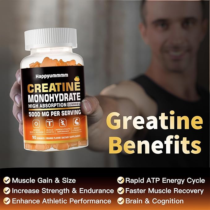 Creatine Monohydrate Gummies 5g for Men Women - Sugar Free Chewable Supplement. 90 Gummies Orange.