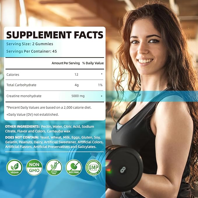 Creatine Monohydrate Gummies 5000mg for Men & Women, Chewables Creatine Monohydrate for Muscle Strength, Muscle Builder, Energy Boost, Pre-Workout Supplement(90 Count)-Blueberry