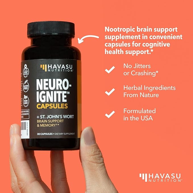 NeuroIGNITE Brain Supplement for Memory and Focus - 30 Count - Cognitive Support with St. John's Wort, Ginkgo Biloba, Bacopa, Phosphatidylserine and Nootropics - Non-GMO Capsules, 1-Month Supply