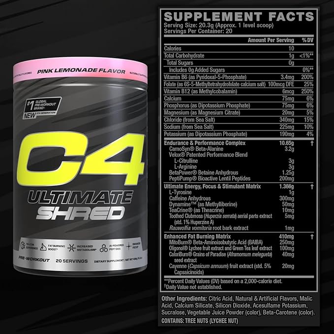 Cellucor C4 Ultimate Shred Pre Workout Powder, Metabolism Supplement with Cayenne Extract+300mg Caffeine+TeaCrine+Dynamine - Pink Lemonade, 20 Servings