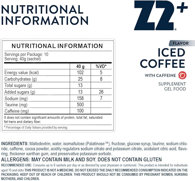 Z2 Iced Coffee Energy Gel Performance - 25g Carb, 158mg Sodium, 100mg Caffeine, 500mg Taurine, Electrolytes, Pre & During Workout, Boosts Endurance - 5-Count Pack