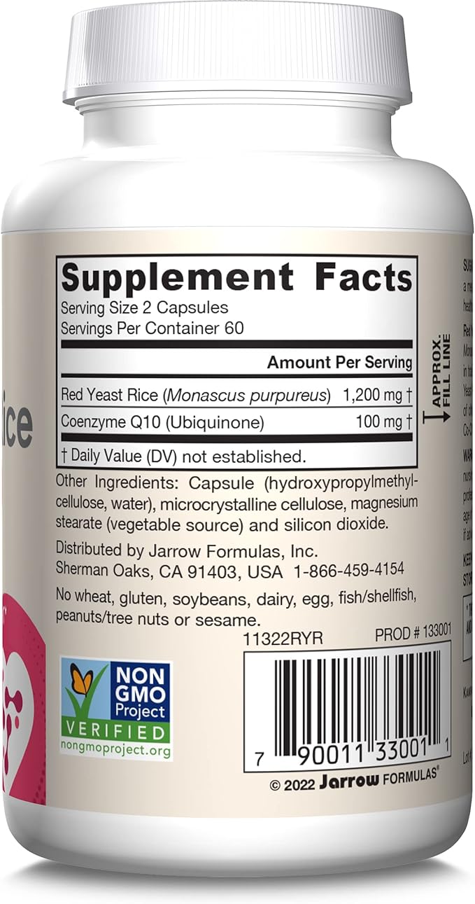 Jarrow Formulas Red Yeast Rice 1200 mg & Co-Q10 100 mg Per Serving - 120 Veggie Caps - 60 Servings - Herbal Heart Health Dietary Supplement - Supports Cardiovascular & Heart Health - Vegan
