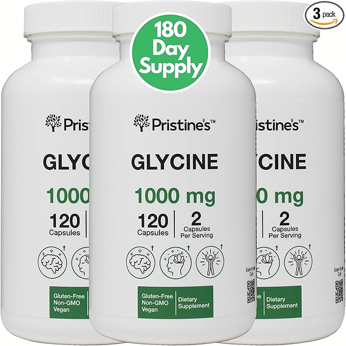 PRISTINE'S Glycine (3 Pack) 1000MG Amino Acid Sleep Support Supplement Capsules - 180 Day Supply - Muscle Recovery, Collagen & Kidney Support Supplement - Vegan, Non GMO, Gluten Free