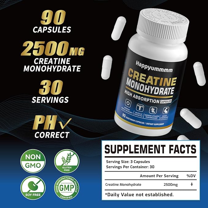 Creatine Monohydrate Capsules - Micronized Creatine Monohydrate, Creatine Pills - 3 Creatine Capsules per Serving, 2500mg, Gluten Free, 90 Capsules.