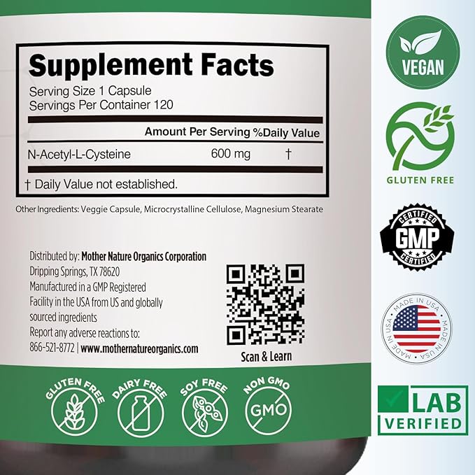 Mother Nature N-Acetyl-L-Cysteine, NAC 600 mg for Glutathione Production – Potent Antioxidant for Liver & Immune Support, Respiratory and Heart Health, 120 Capsules